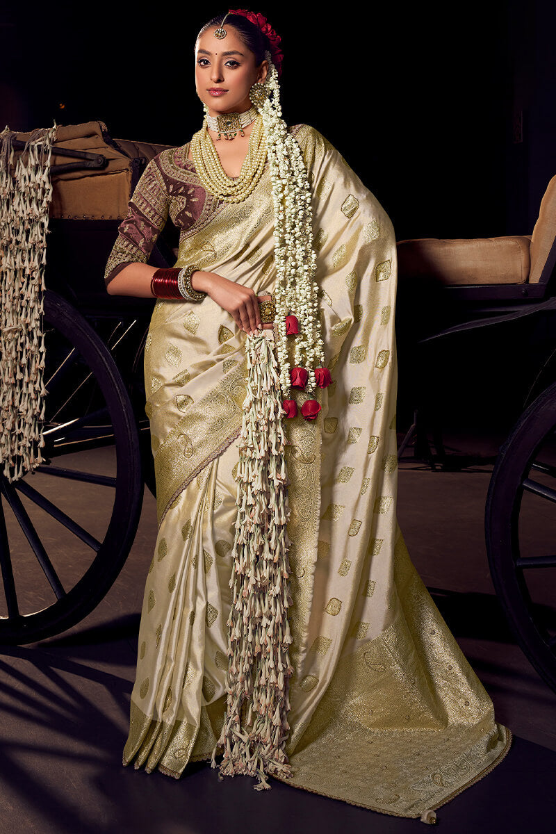 Cream Beige Pure Viscose Tissue Silk Hand Worked Saree