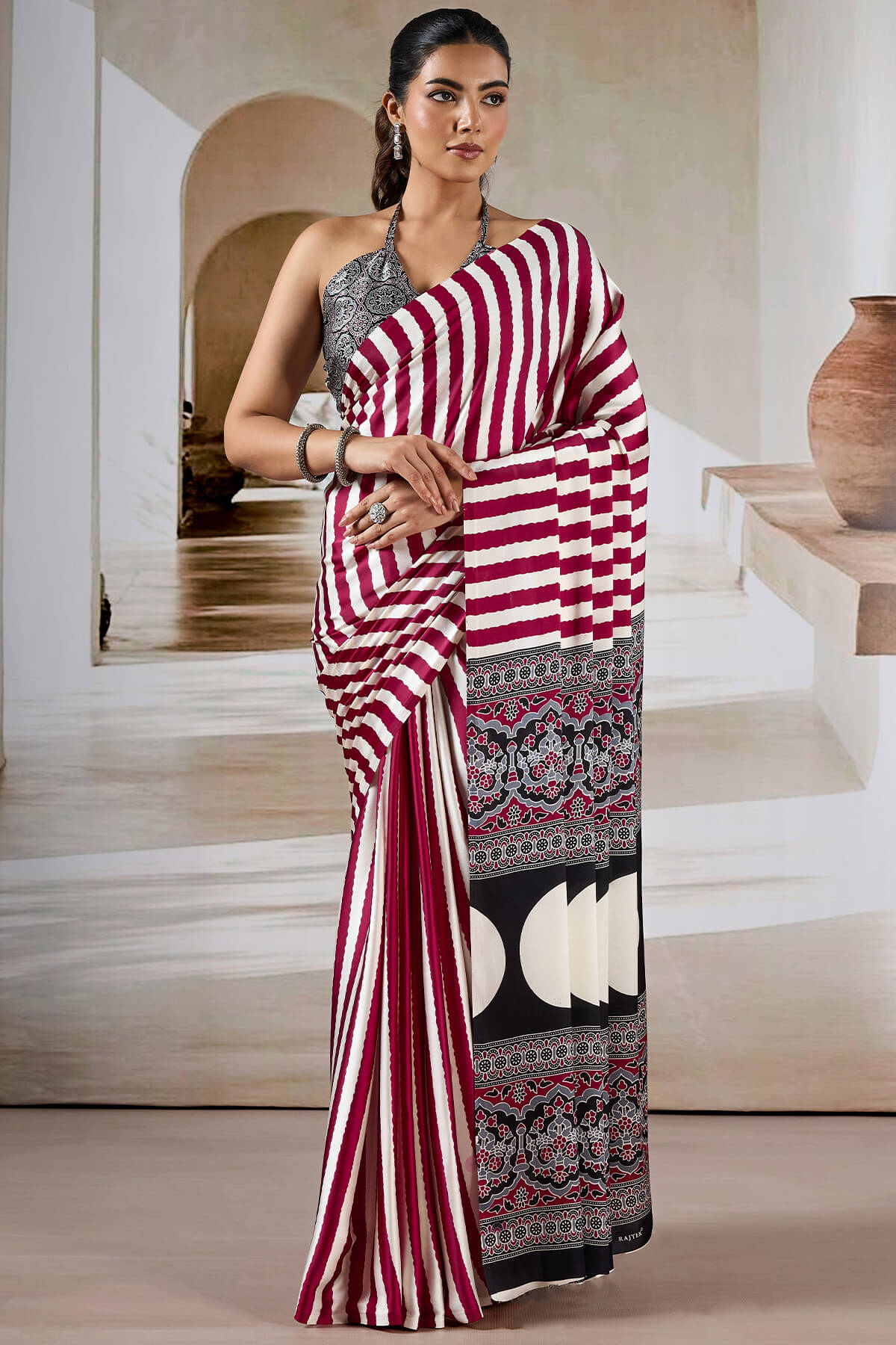 Crimson Maroon Ajrakh Printed Satin Crepe Silk Saree