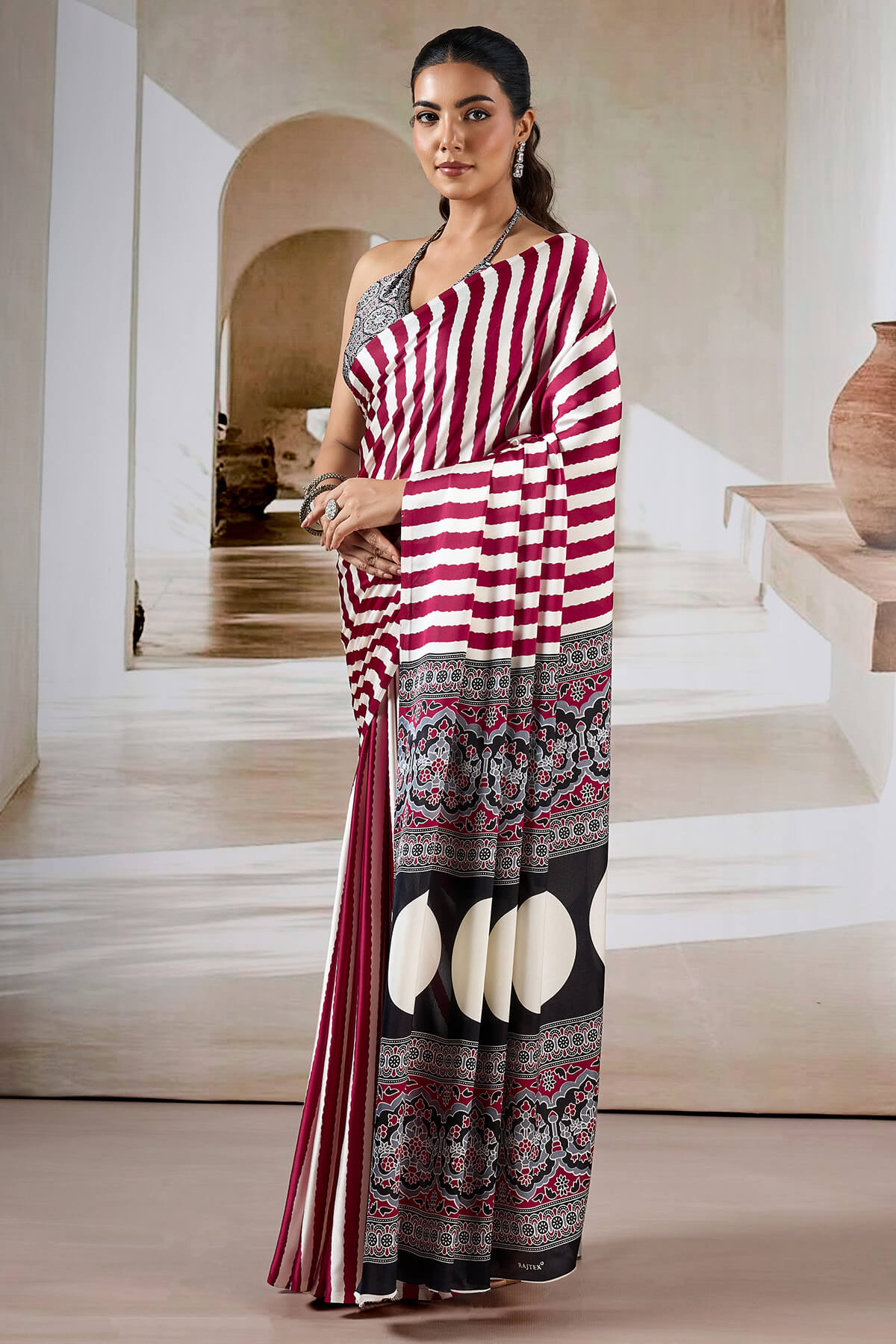 Crimson Maroon Ajrakh Printed Satin Crepe Silk Saree