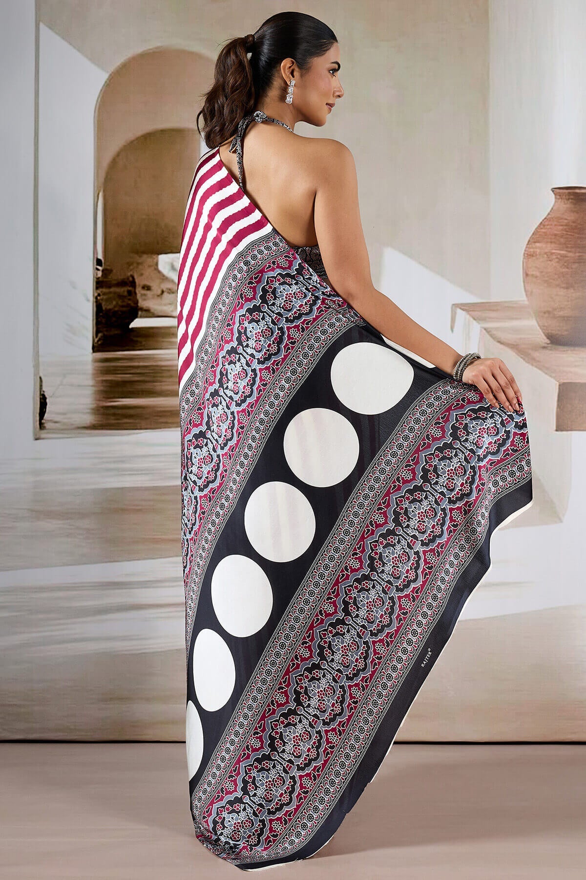 Crimson Maroon Ajrakh Printed Satin Crepe Silk Saree