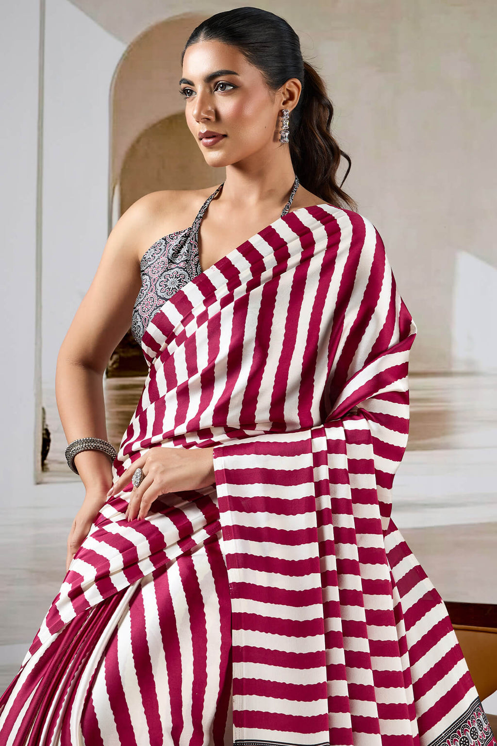 Crimson Maroon Ajrakh Printed Satin Crepe Silk Saree