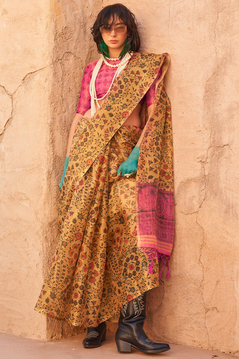 Dandelion Yellow Printed Tissue Silk Saree
