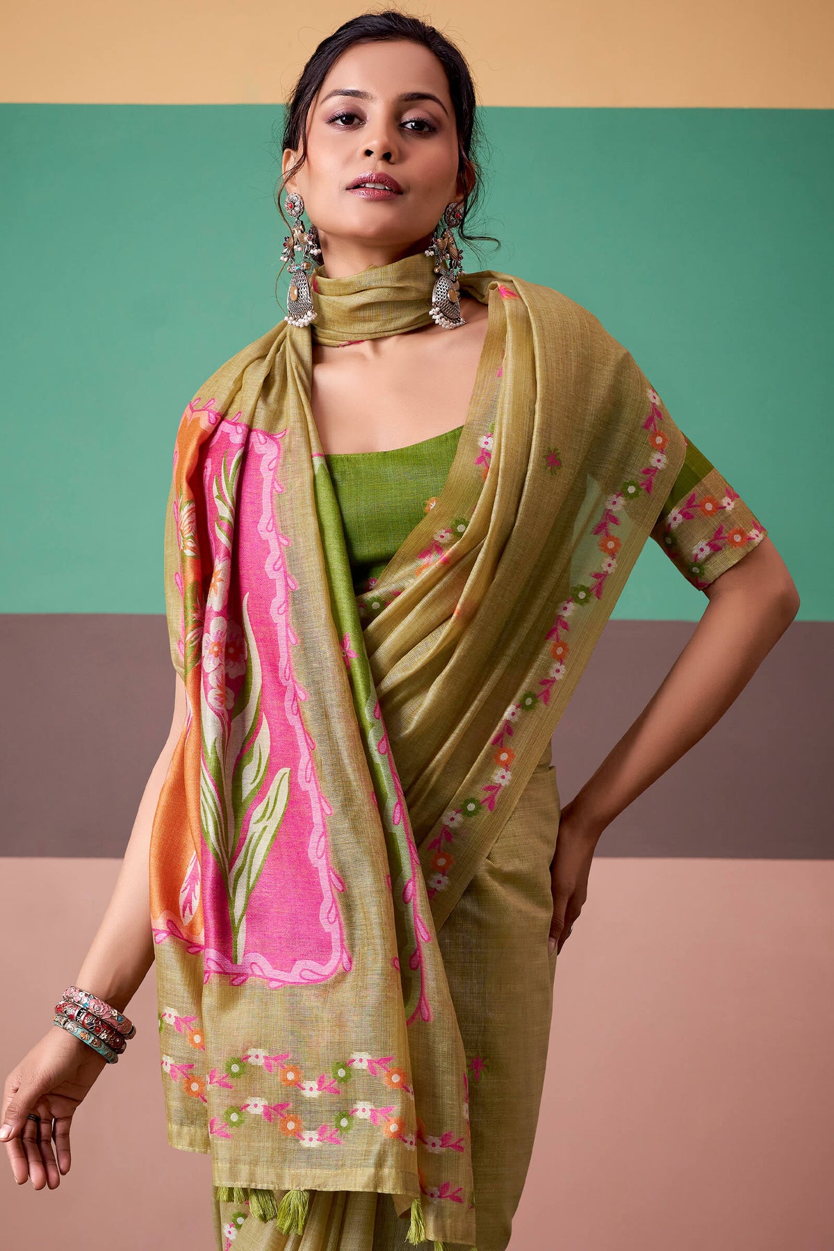 Dark Beige Munga Cotton Silk Saree