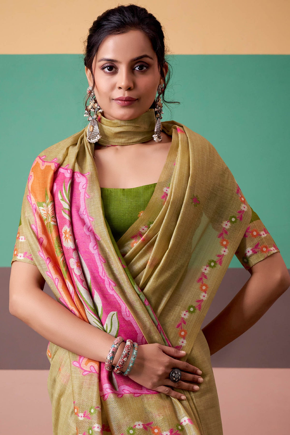 Dark Beige Munga Cotton Silk Saree