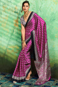 Dark Carnation Pink Ajrakh Printed Satin Silk Saree
