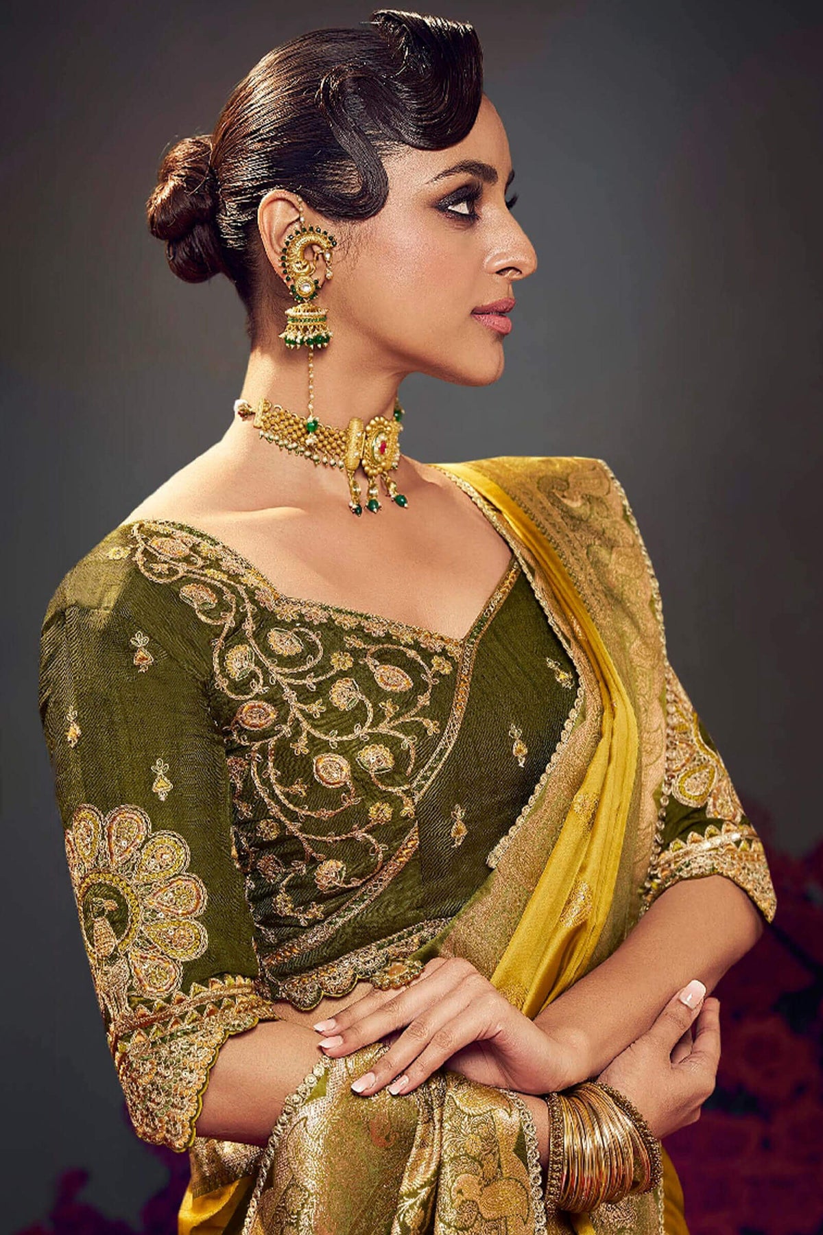 Dark Gold Banarasi Satin Silk Saree With Fancy Lace Border and Embroidery Blouse