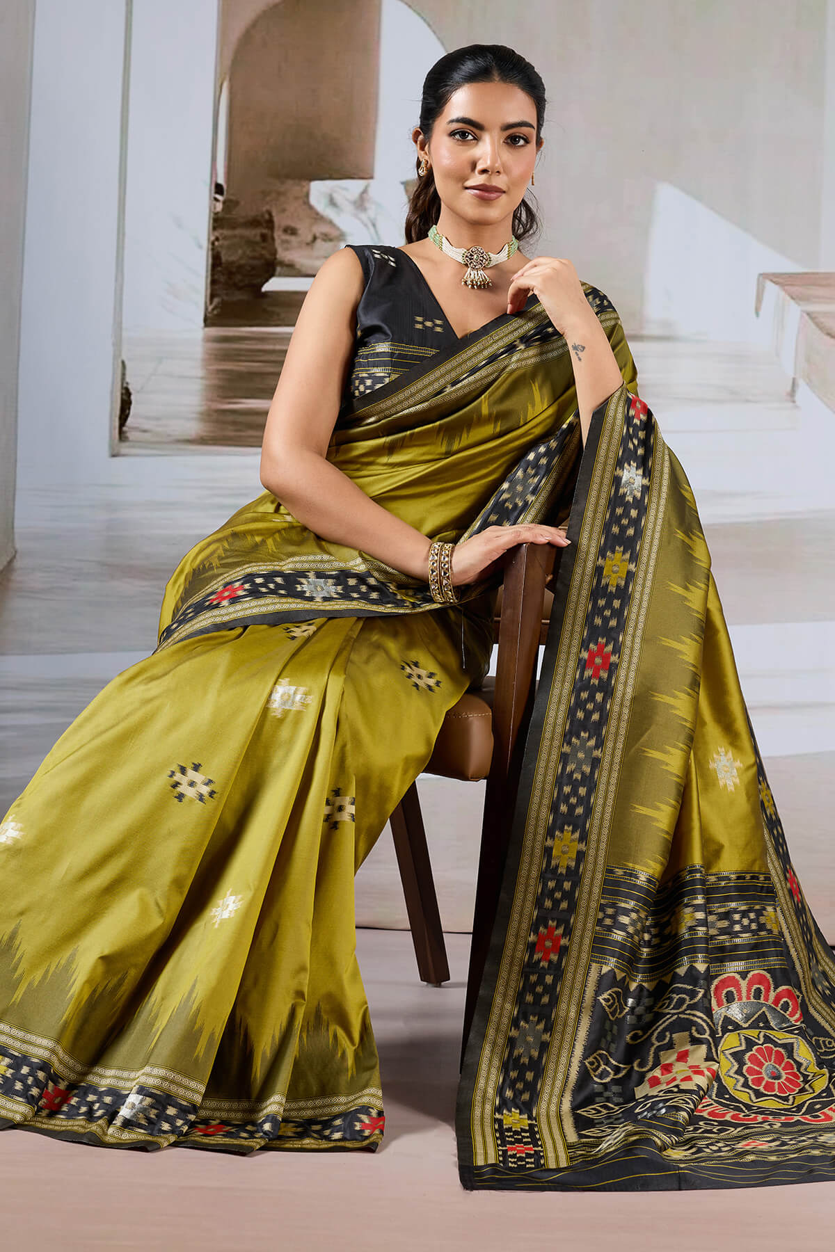Dark Gold Patola Silk Saree