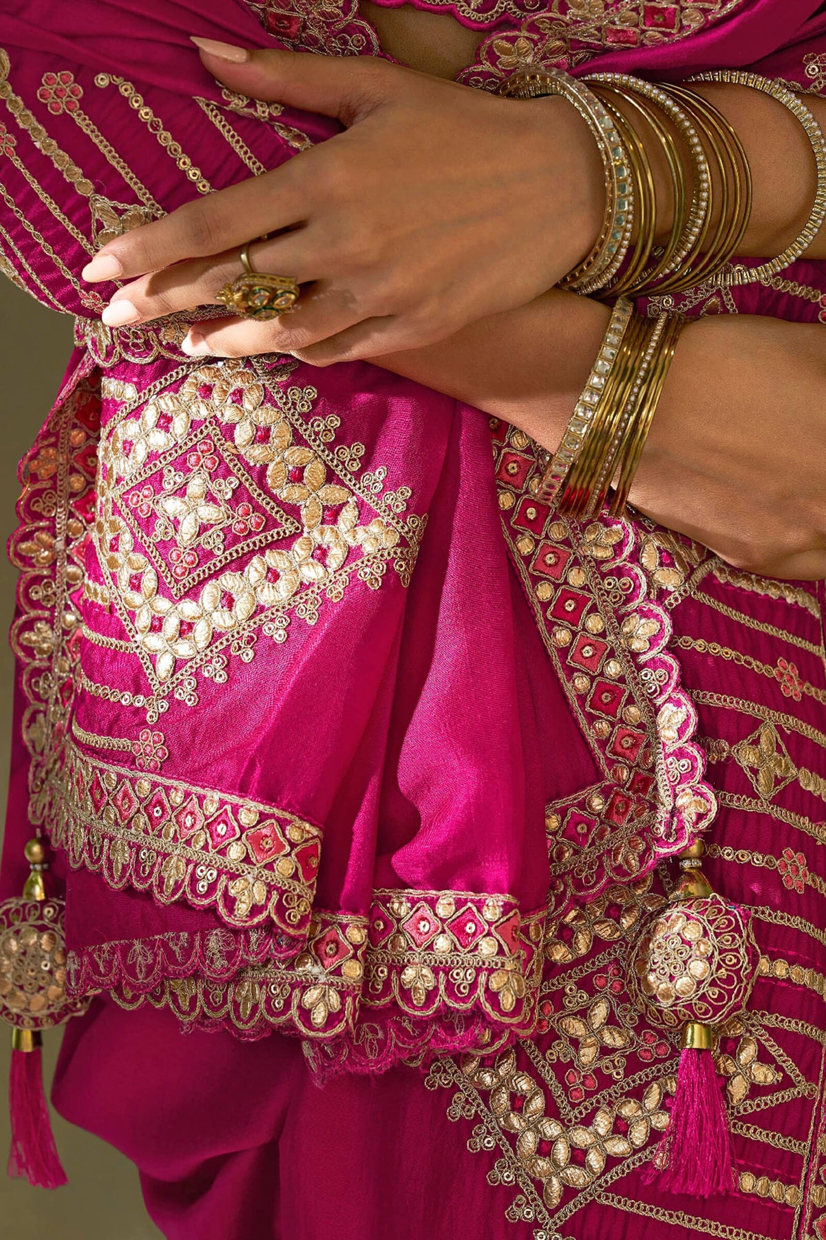 Dark Hot Pink Gota Patti Embroidery Work Saree With Designer Blouse Piece