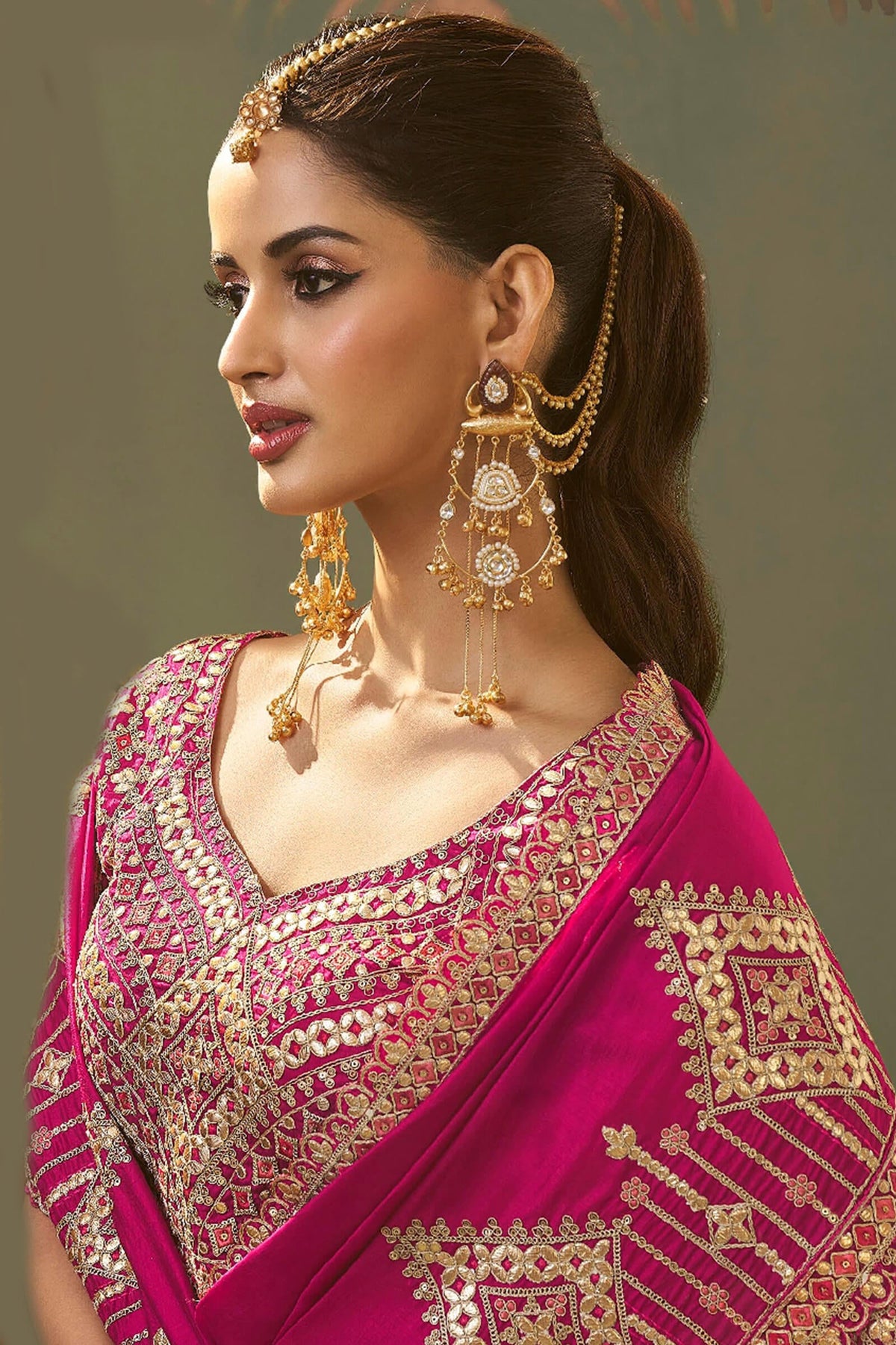 Dark Hot Pink Gota Patti Embroidery Work Saree With Designer Blouse Piece