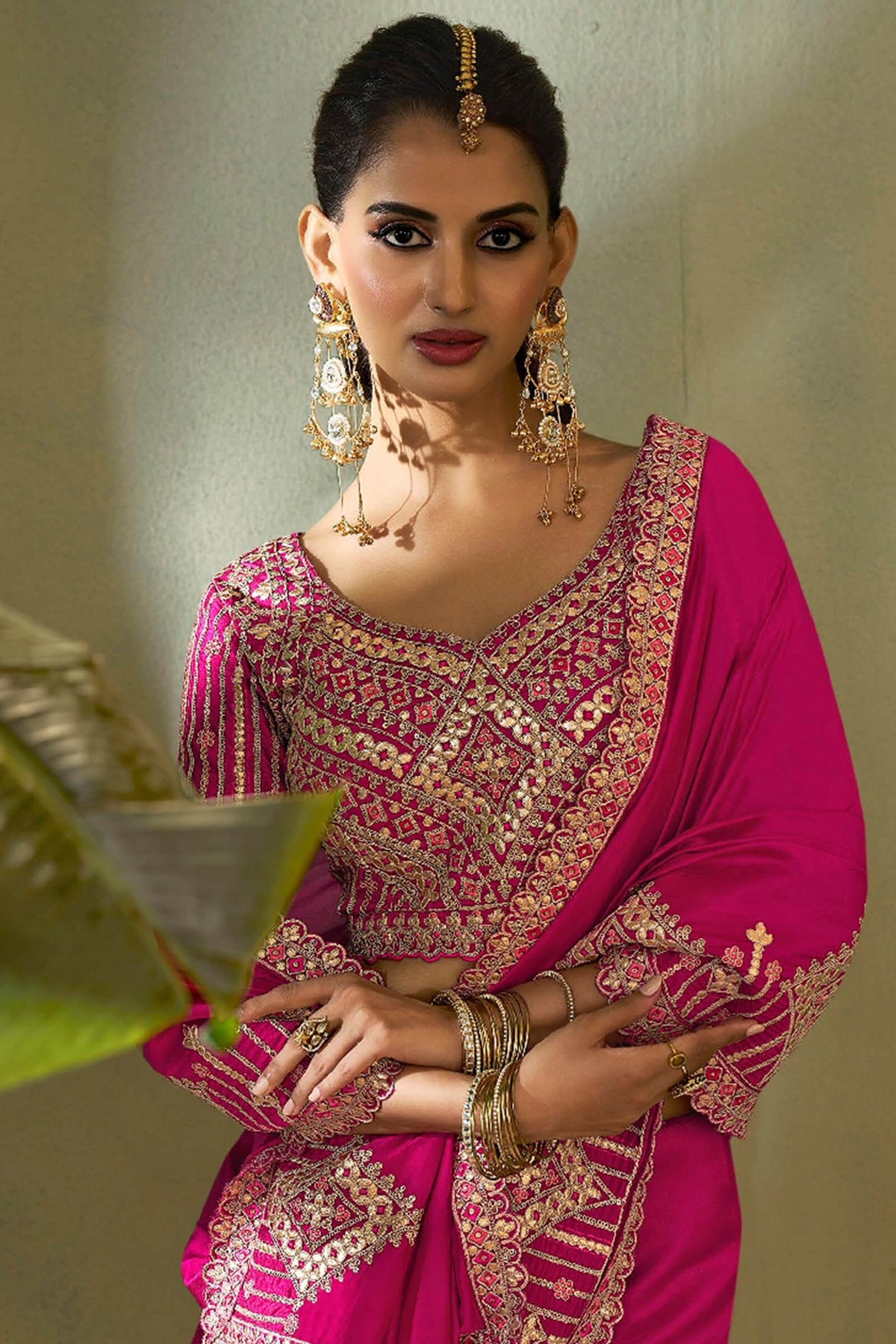 Dark Hot Pink Gota Patti Embroidery Work Saree With Designer Blouse Piece