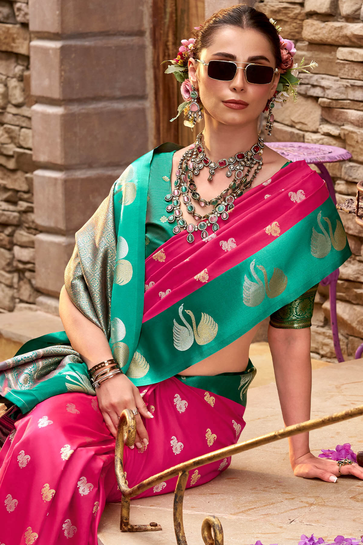 Dark Hot Pink Satin Silk Saree