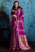 Dark Magenta Zari Woven Banarasi Satin silk saree