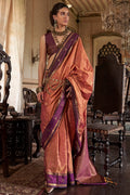 Dark Peach Banarasi Tussar Silk Saree