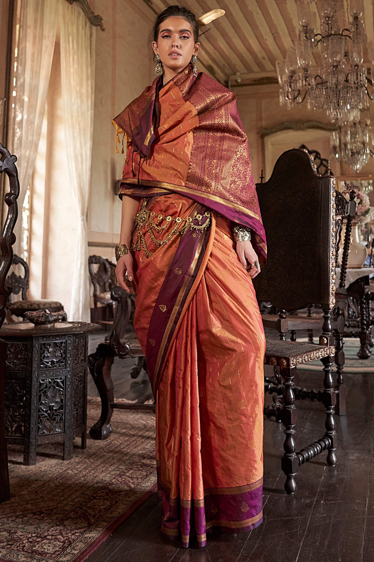 Dark Peach Banarasi Tussar Silk Saree
