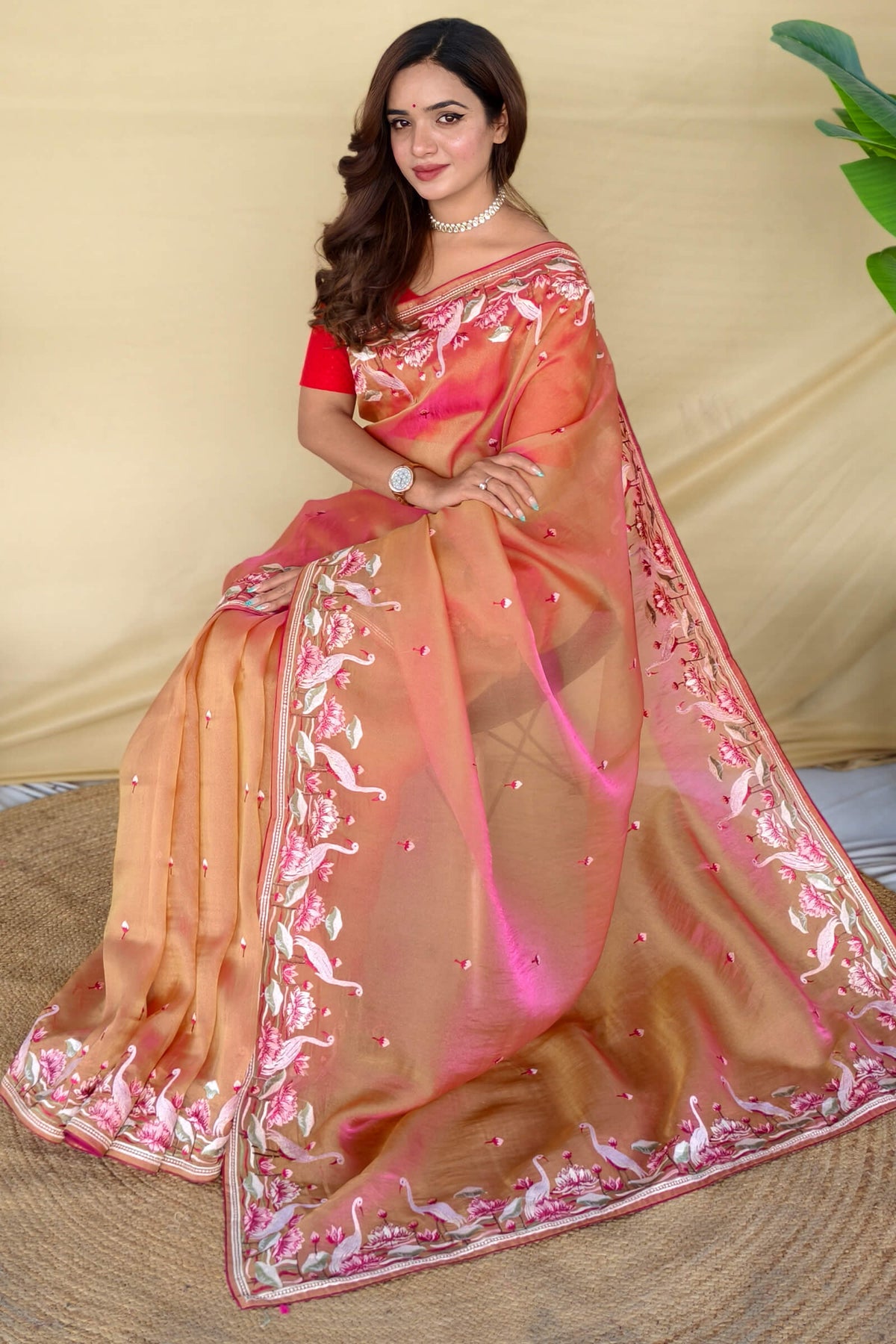 Dark Peach Embroiedery Work Two Tone Silk Saree