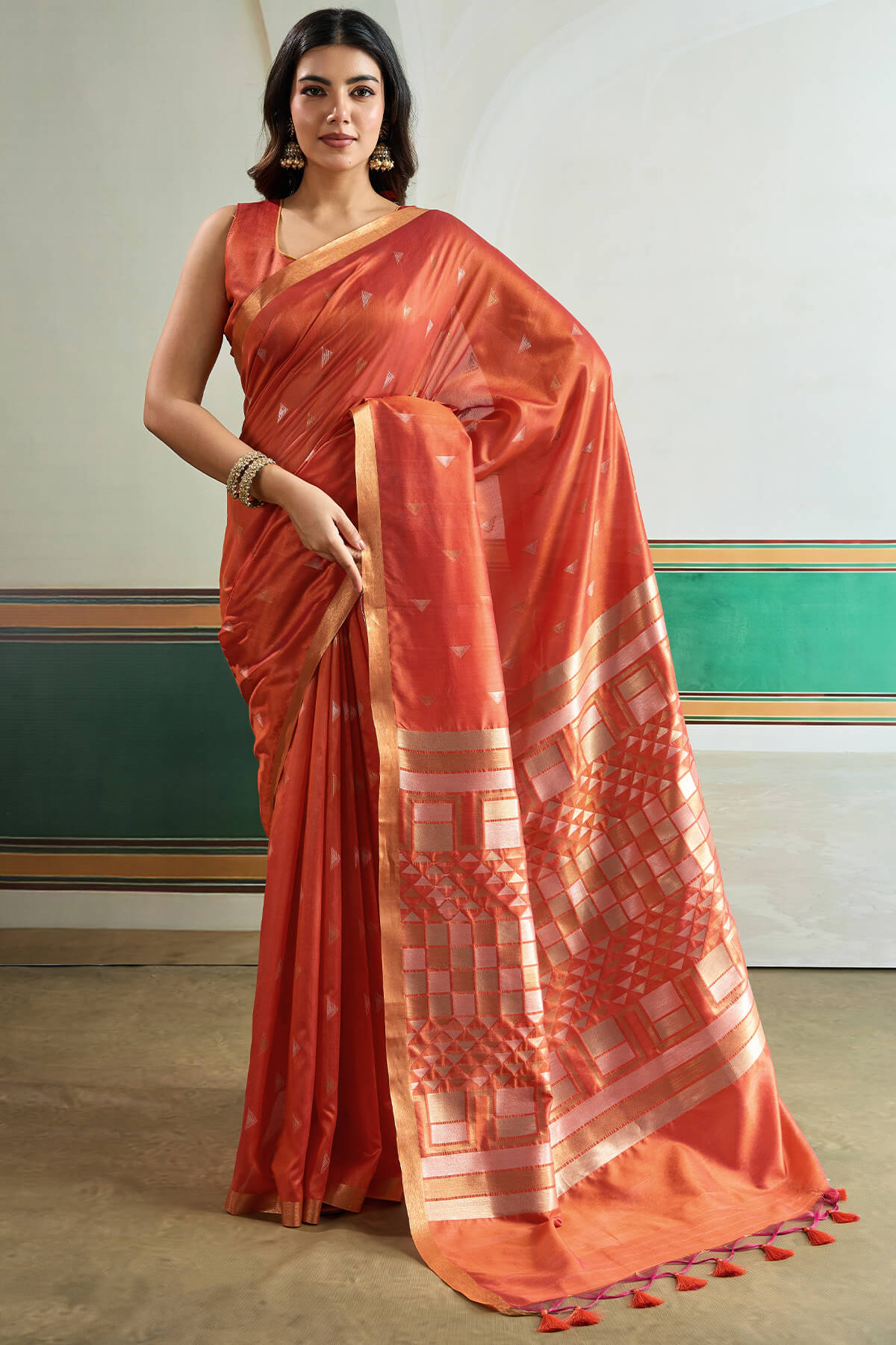 Dark Peach Woven Tussar Silk Saree
