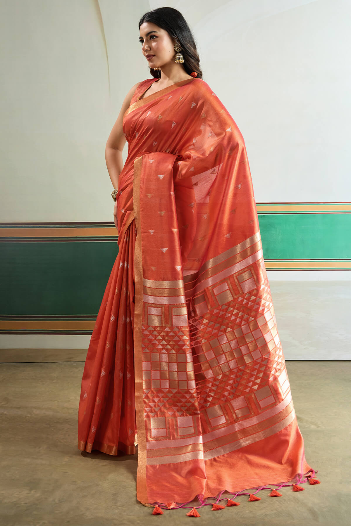 Dark Peach Woven Tussar Silk Saree