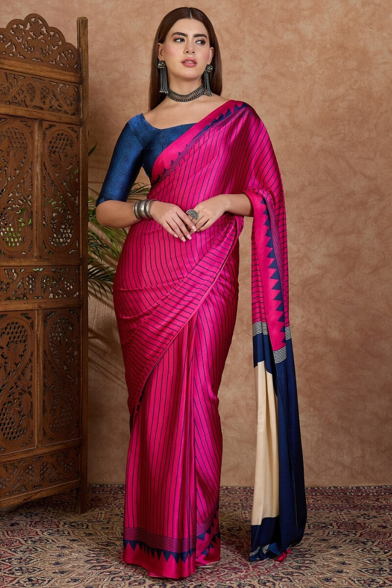 Dark Pink and Blue Stripe Ajrakh Printed Satin Silk Saree