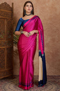 Dark Pink and Blue Stripe Ajrakh Printed Satin Silk Saree