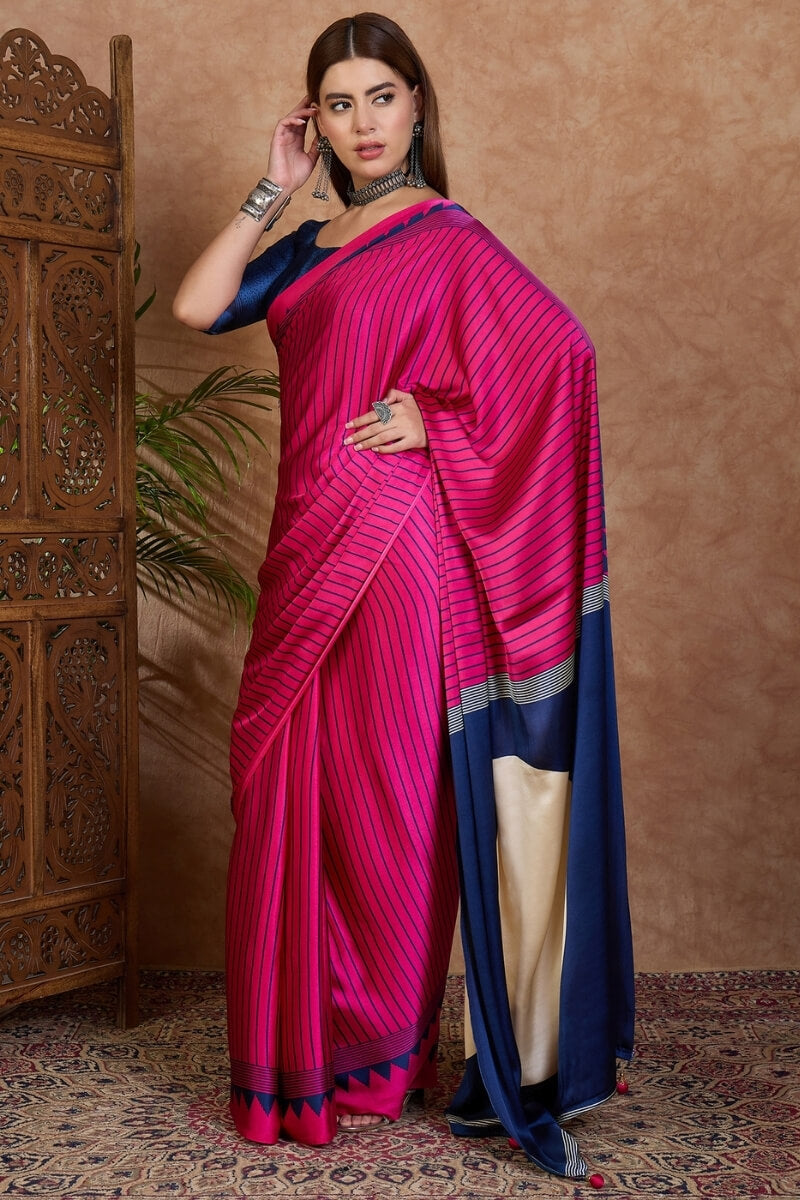 Dark Pink and Blue Stripe Ajrakh Printed Satin Silk Saree