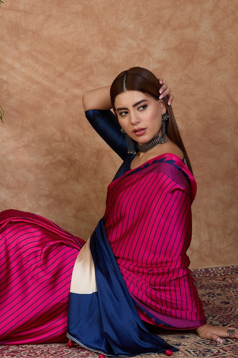 Dark Pink and Blue Stripe Ajrakh Printed Satin Silk Saree