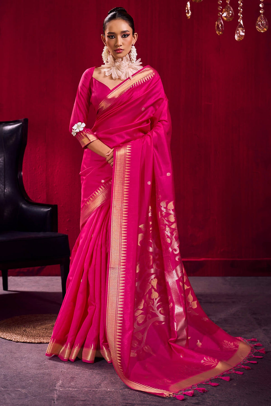 Dark Pink Banarasi Satin Linen Silk Saree