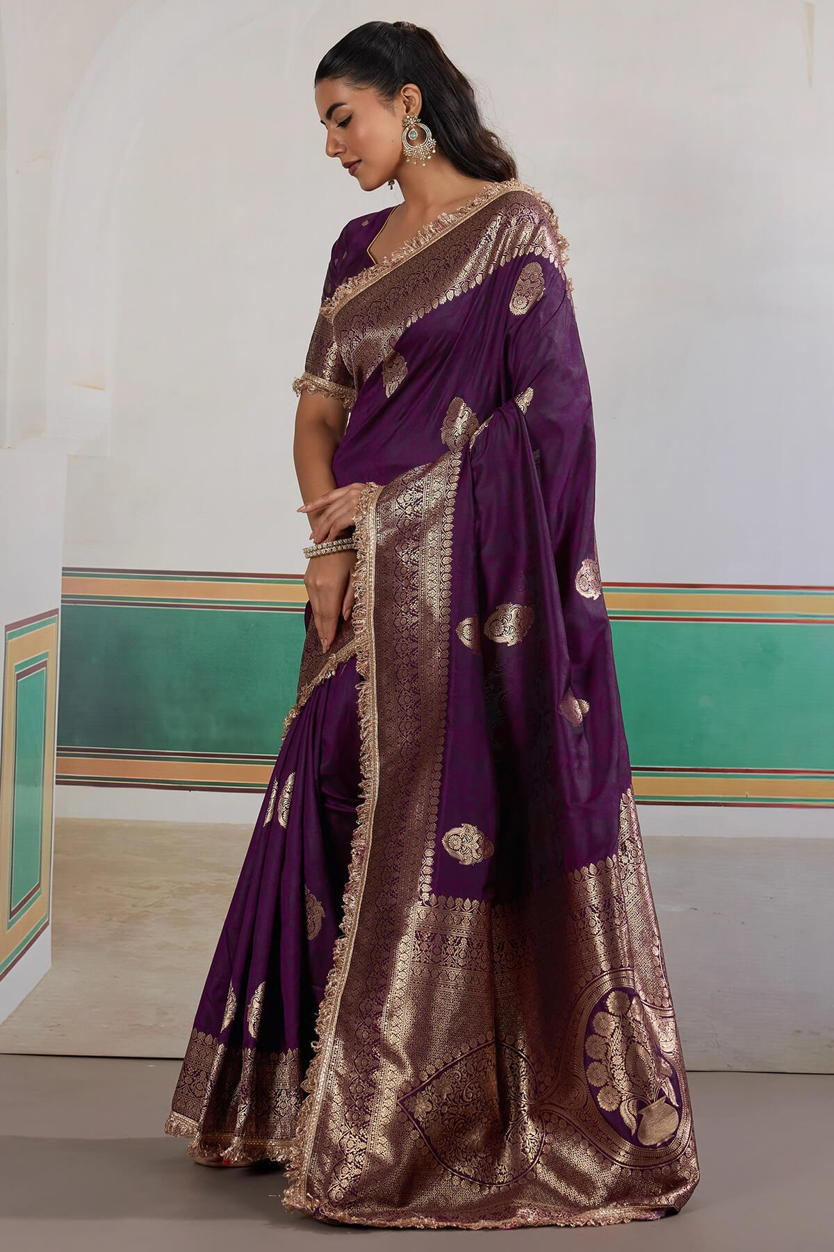 Dark Purple Banarasi Silk Saree with Fancy Lace Border