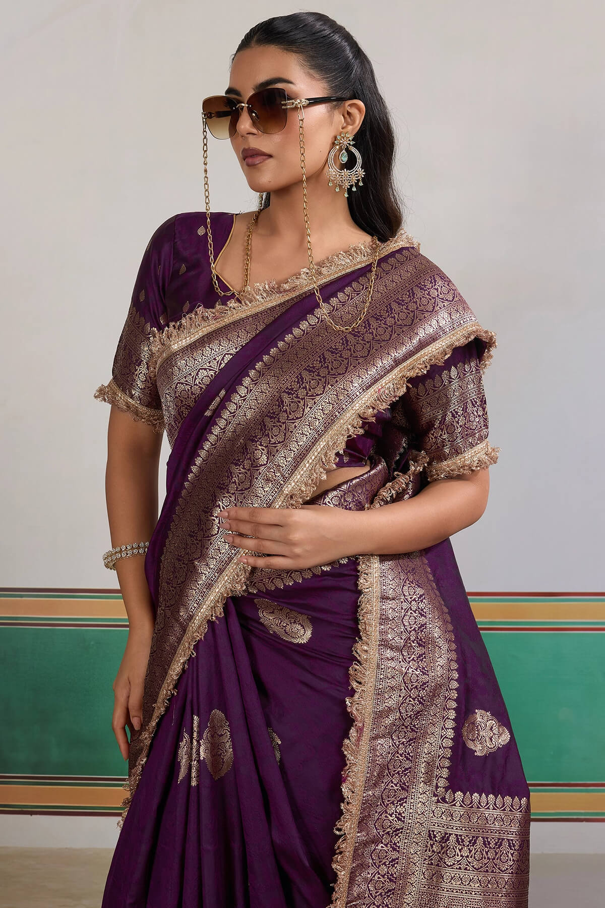 Dark Purple Banarasi Silk Saree with Fancy Lace Border