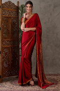Dark Red Printed Satin Silk Saree