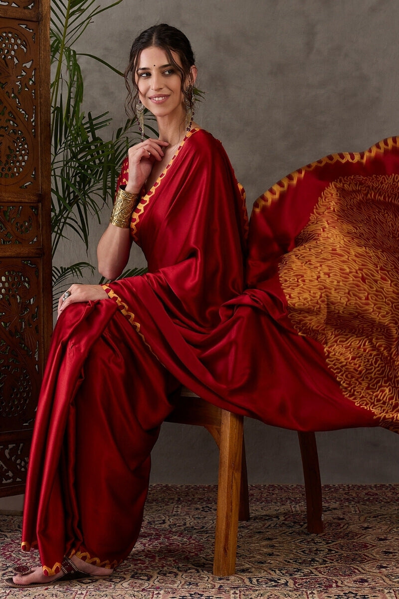 Dark Red Printed Satin Silk Saree