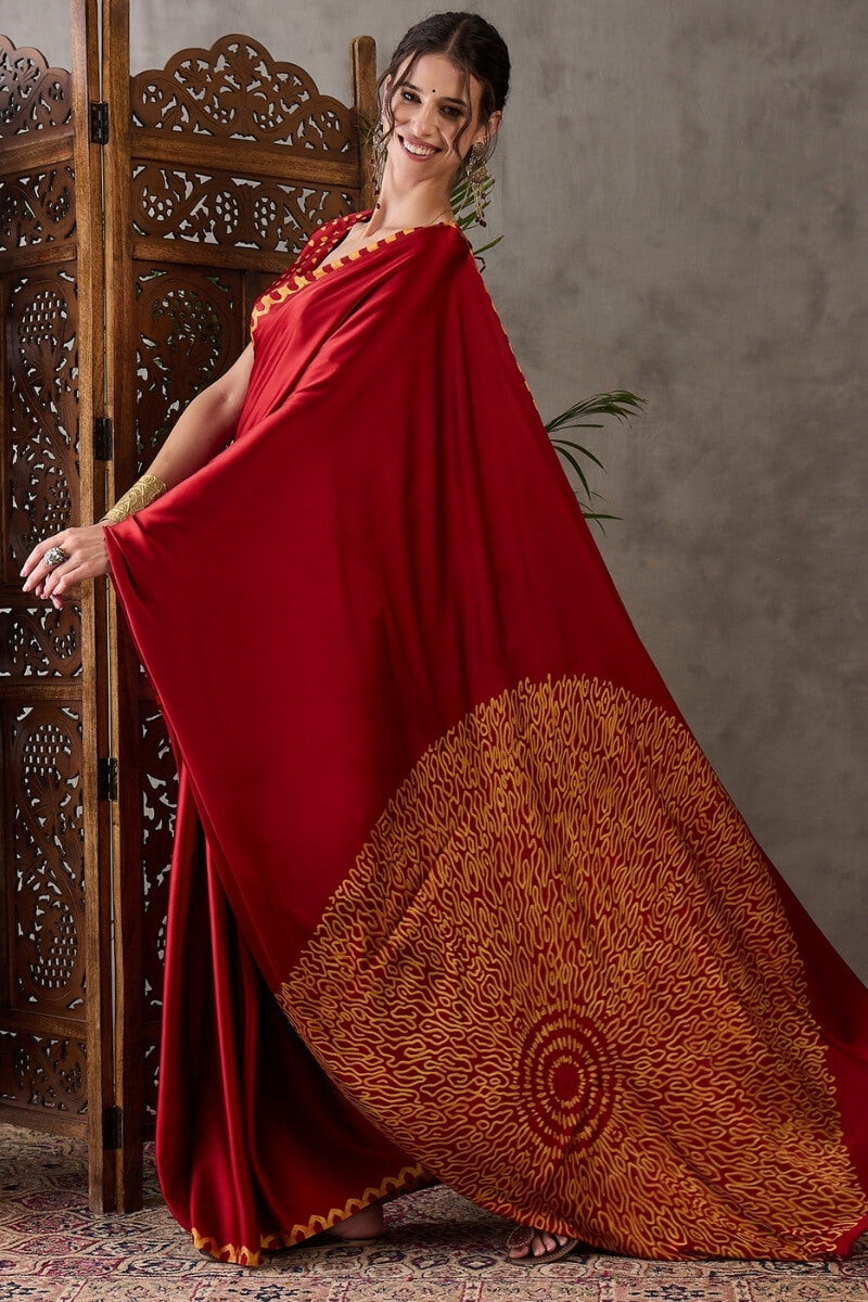 Dark Red Printed Satin Silk Saree