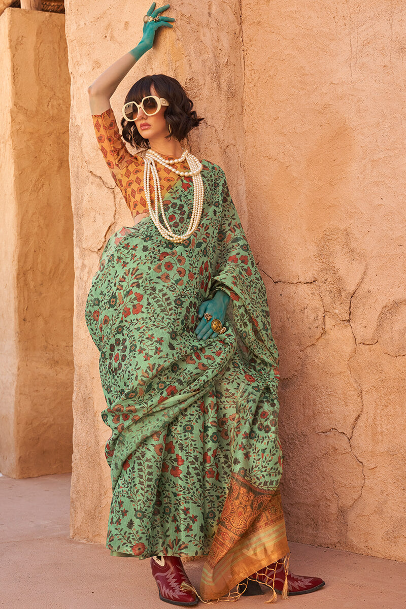 Dark Sea Green Printed Tissue Silk Saree