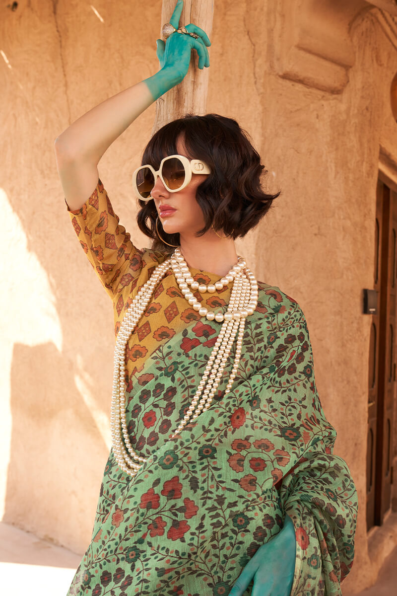 Dark Sea Green Printed Tissue Silk Saree