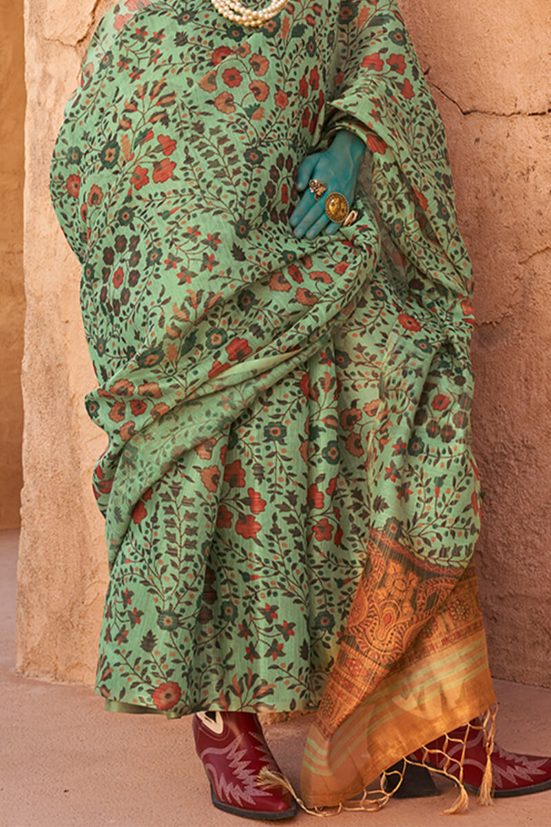 Dark Sea Green Printed Tissue Silk Saree