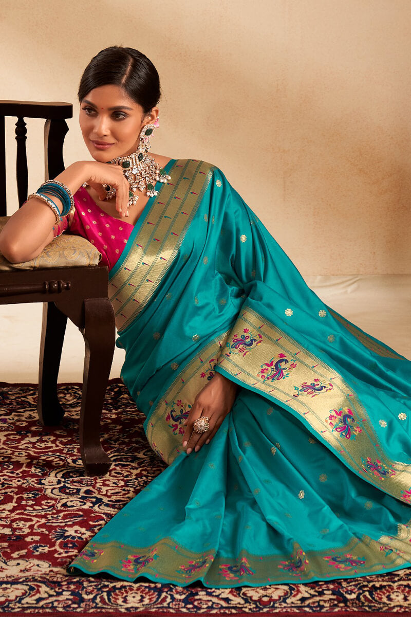 Dark Turquoise Paithani Silk Saree