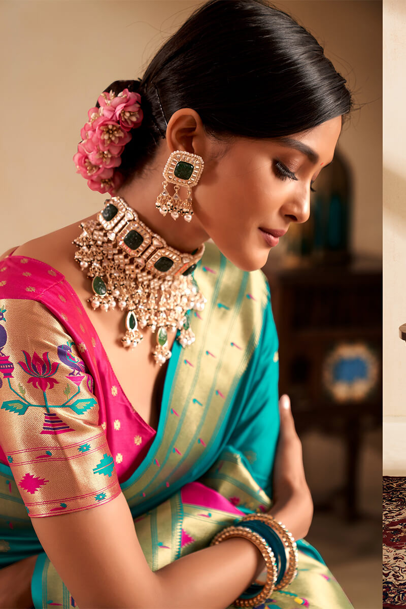 Dark Turquoise Paithani Silk Saree