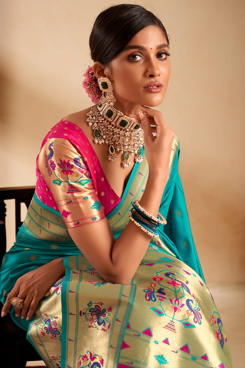 Dark Turquoise Paithani Silk Saree
