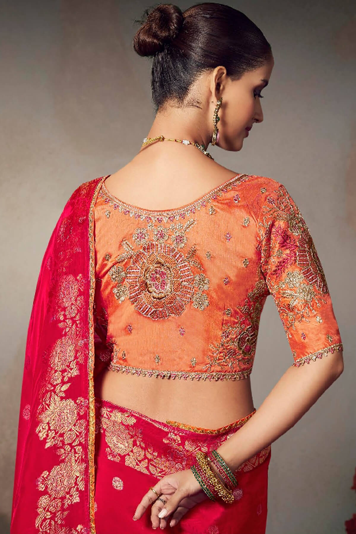 Debian Red Banarasi Silk Saree with Designer Blouse Piece