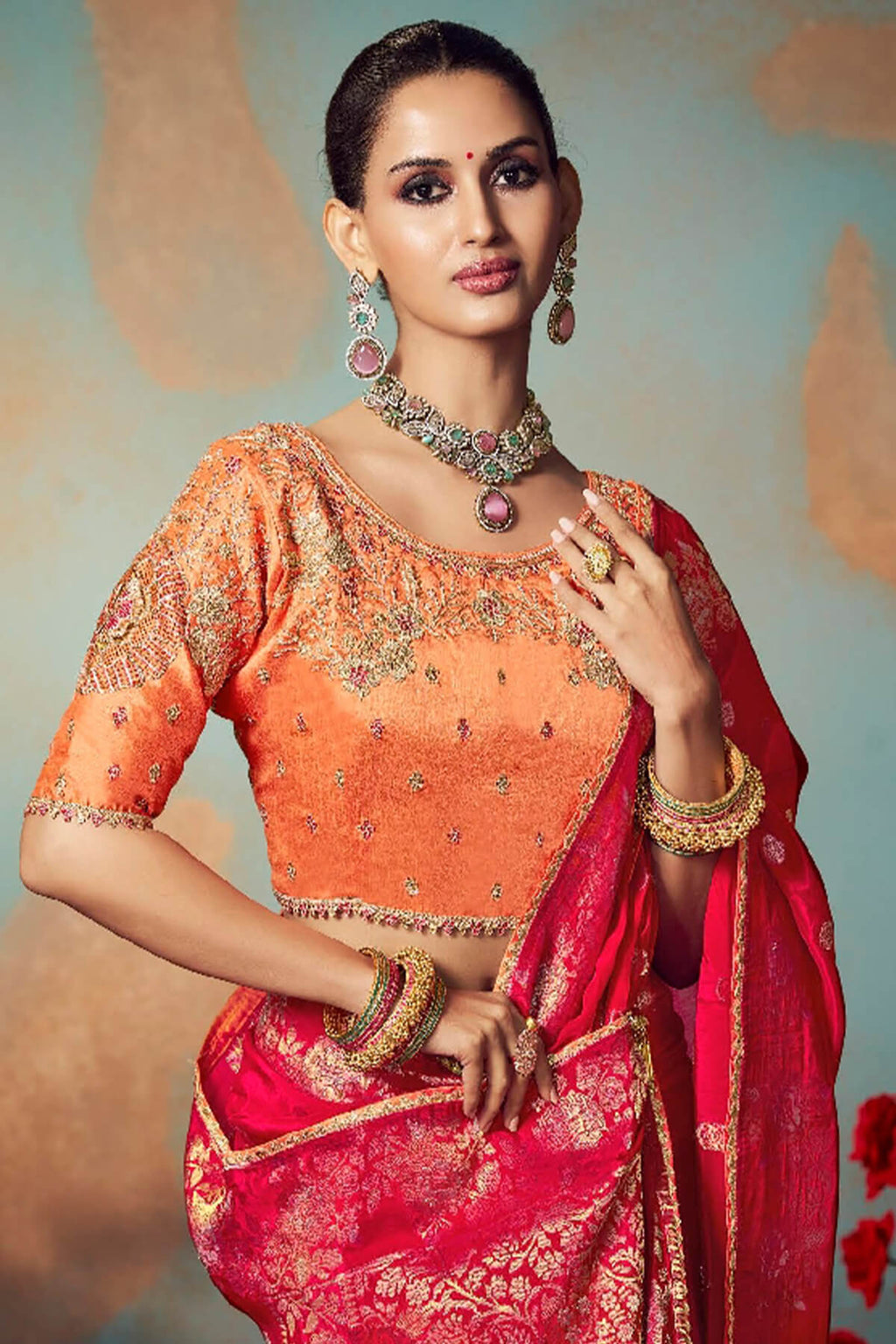 Debian Red Banarasi Silk Saree with Designer Blouse Piece