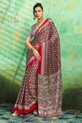 Deep Brown Ajrakh Printed Satin Silk Saree