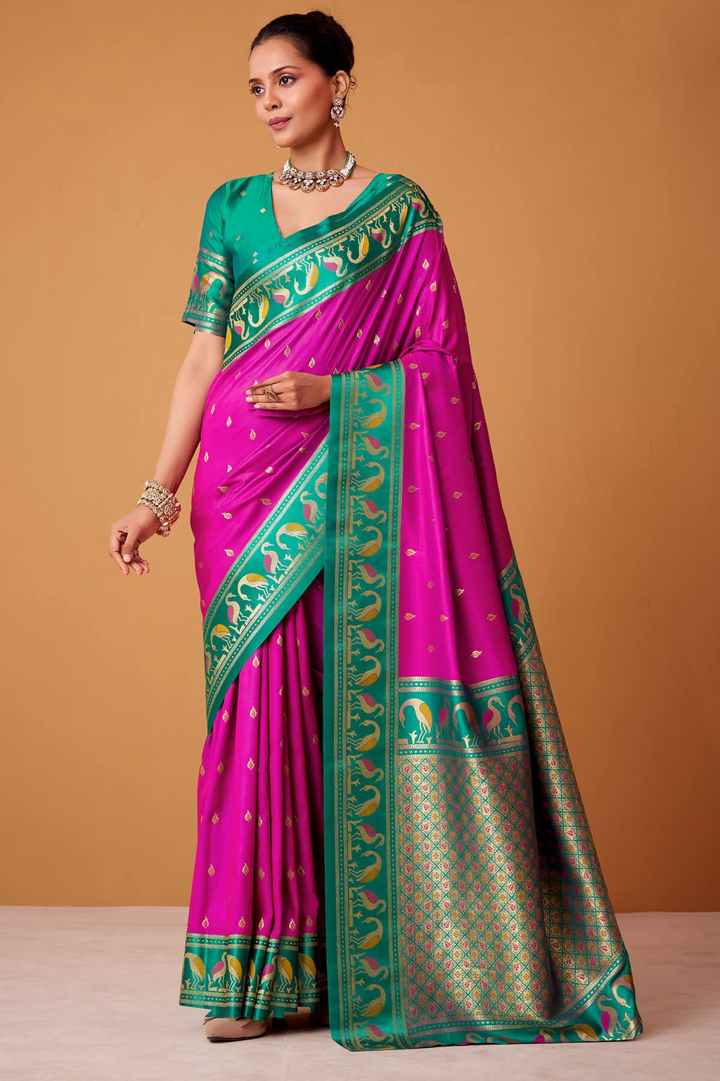 Deep Cerise Pink Banarasi Soft Satin Silk Saree