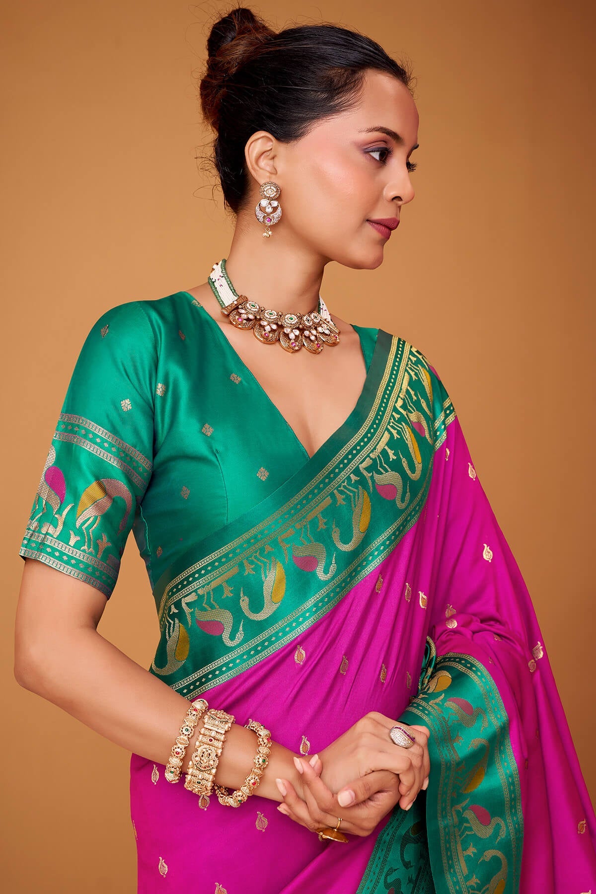 Deep Cerise Pink Banarasi Soft Satin Silk Saree
