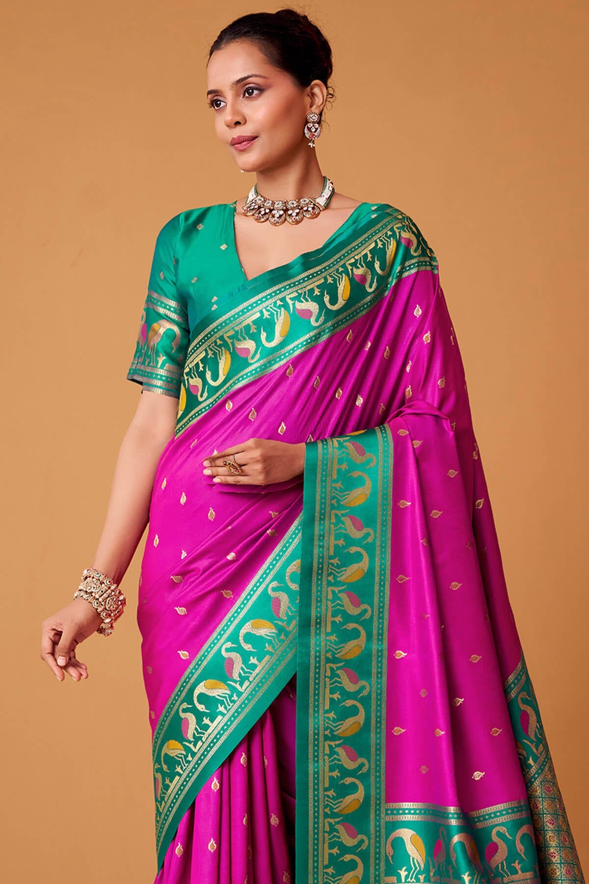 Deep Cerise Pink Banarasi Soft Satin Silk Saree