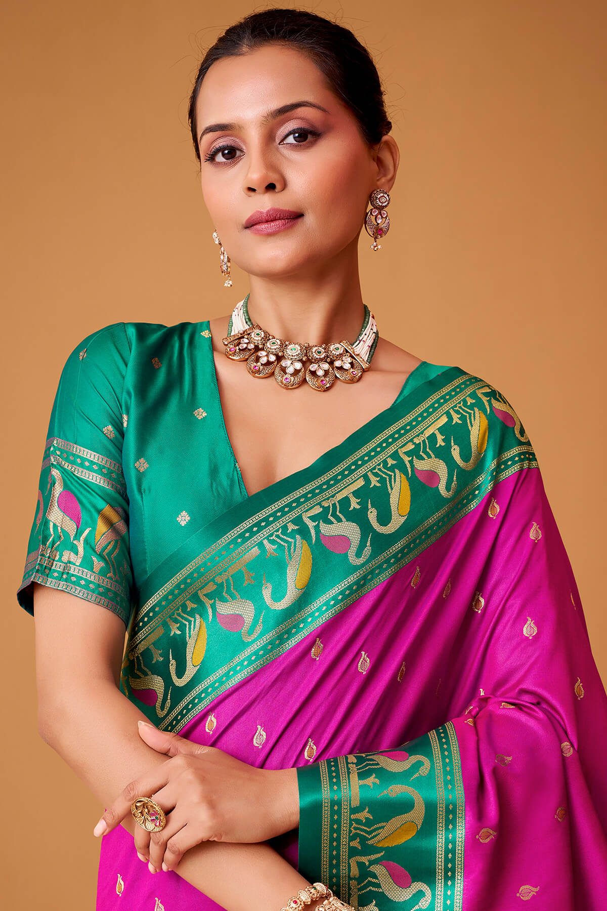 Deep Cerise Pink Banarasi Soft Satin Silk Saree