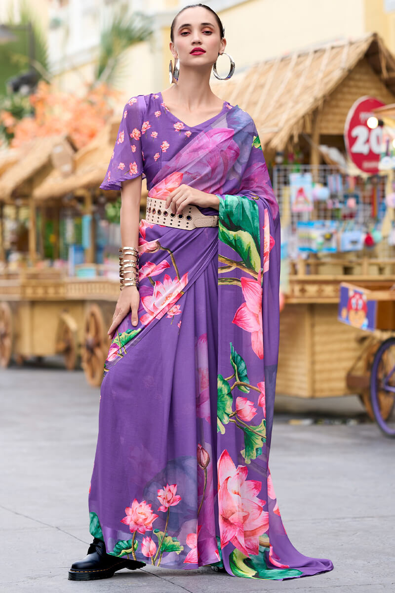 Deep Lavender Printed Georgette Silk Saree