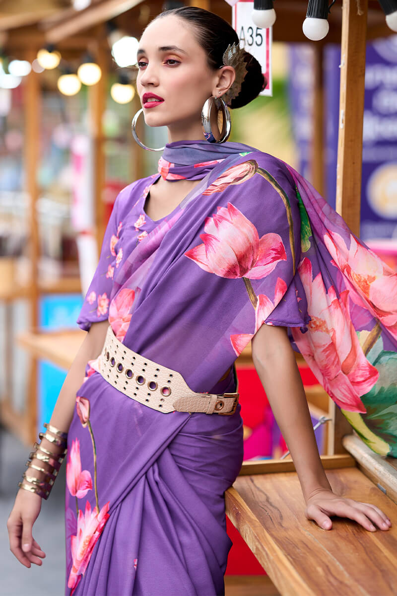 Deep Lavender Printed Georgette Silk Saree
