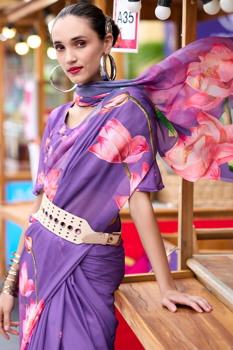 Deep Lavender Printed Georgette Silk Saree