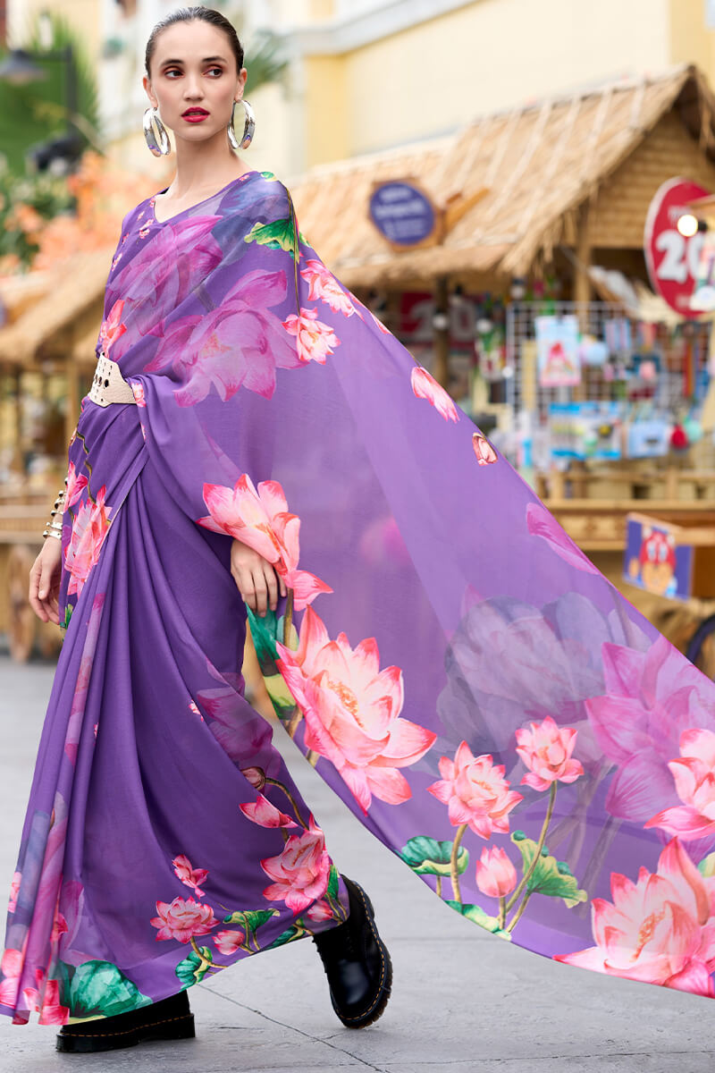 Deep Lavender Printed Georgette Silk Saree