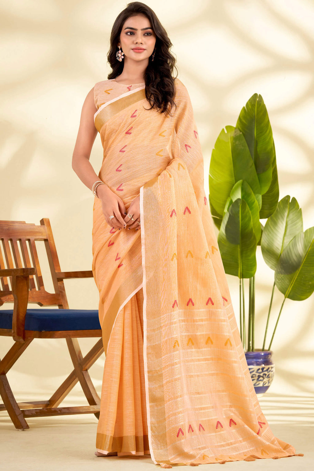 Deep Peach Linen Silk Saree