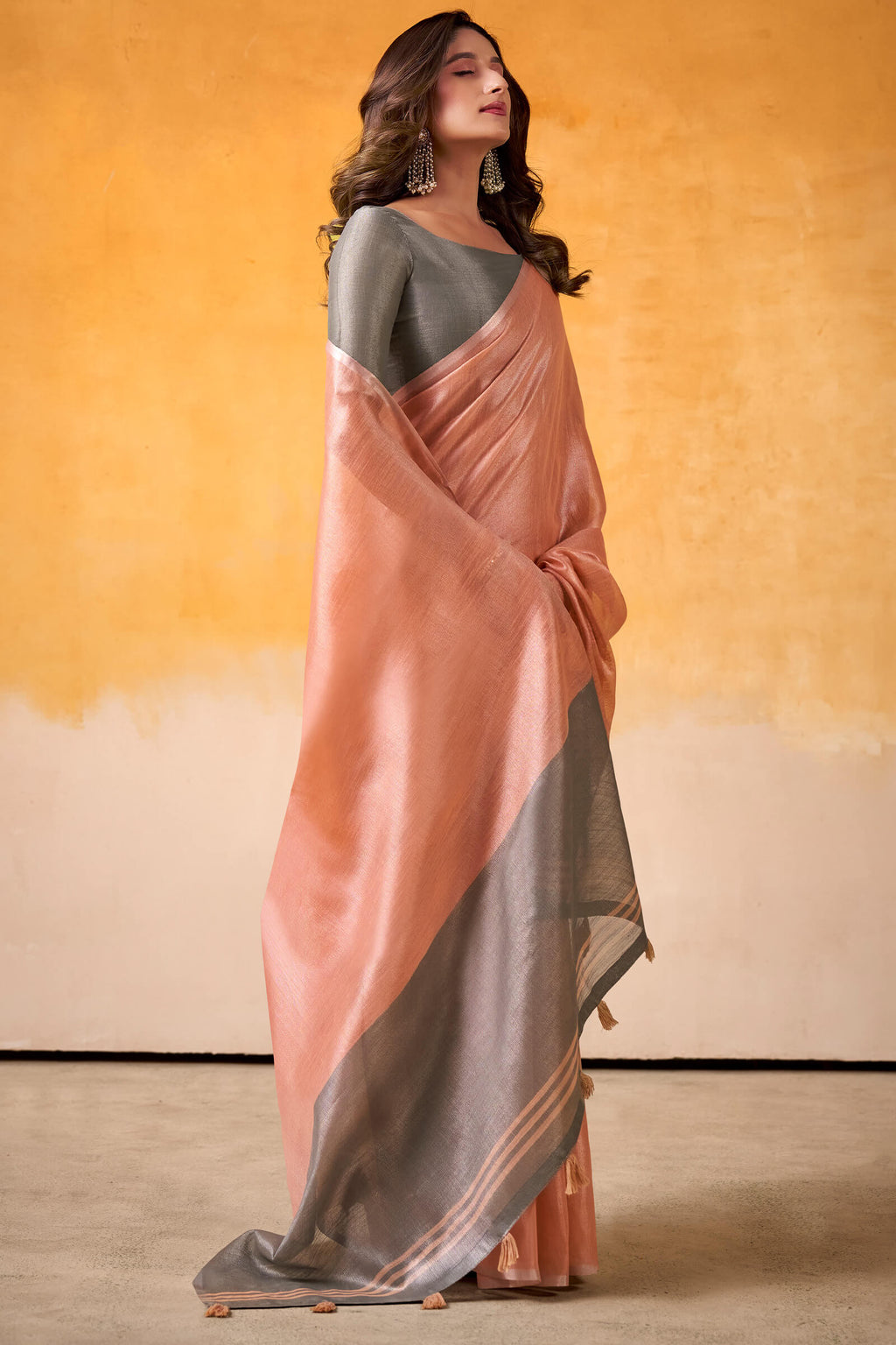 Deep Peach Zari Woven Tissue Silk Saree